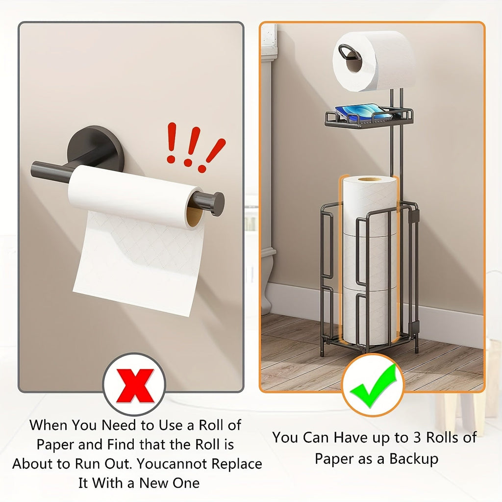 Freestanding Toilet Paper Holder – Metal Stand with 3 Reserve Roll Storage, Modern Bathroom TP Dispenser, No Drilling Required, Housewarming & Christmas Gift