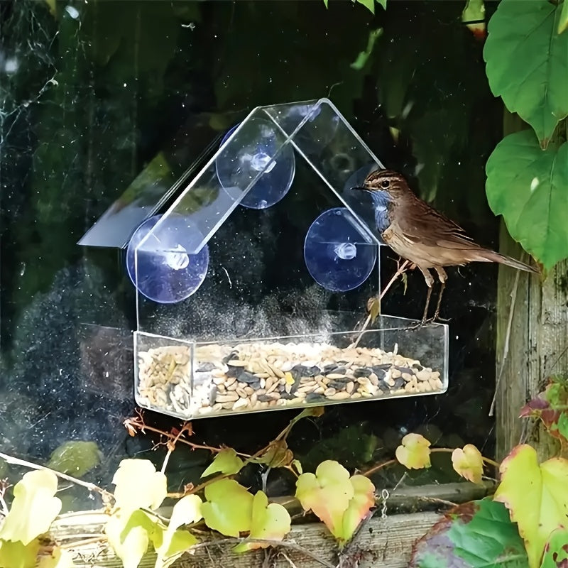 Clear Acrylic Bird Feeder with Strong Suction Cups for Windows - Durable PP Material All Season Indoor Outdoor Hanging Seed Dispenser for Wild Bird Watching Gift