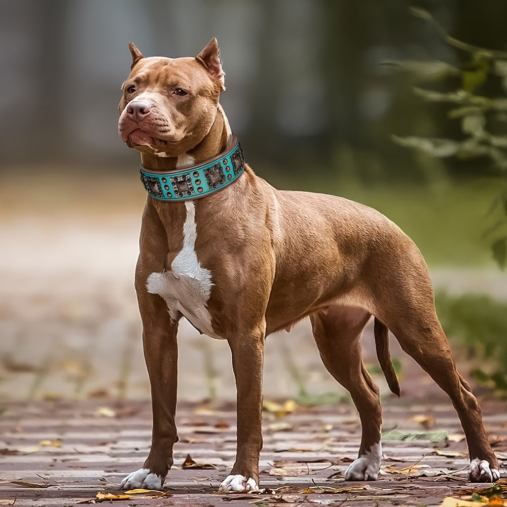Heavy Duty Studded Leather Dog Collar for Medium and Large Dogs - Durable Real Leather with Metal Studs, Adjustable L XL XXL, 8 Colors, Strong Dog Collar for Large Breed Training Walking
