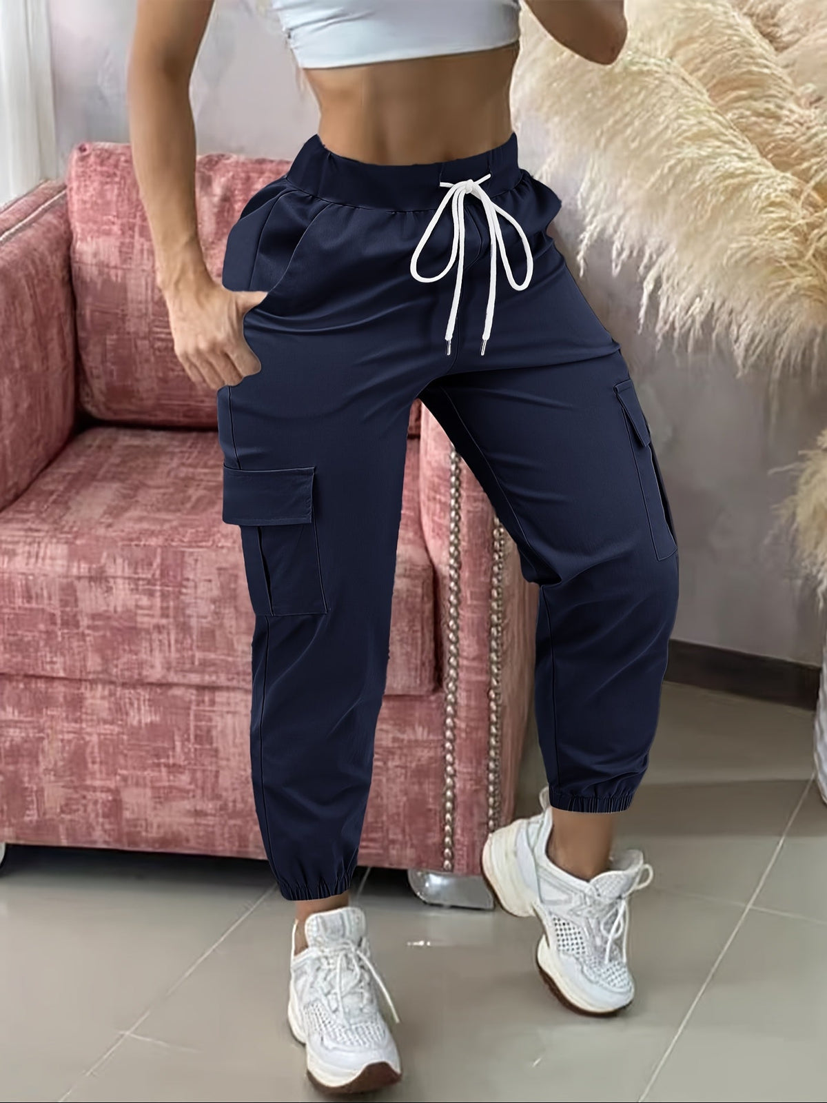 Cargo Pants Women Drawstring Waist Multiple Pockets Frayed Hem All-Season Comfort Fit Casual Wear - Black Khaki Olive Grey Navy Dark Gray S M L XL XXL Woven Stretch Fabric