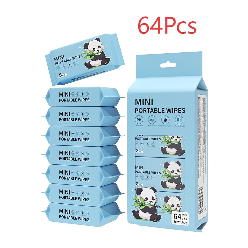 Mini Portable Wet Wipes 64 Packs - Alcohol-Free Disposable Wipes for Face, Hands & Pet Cleaning, Travel-Friendly Individual Packets for Cats Dogs and On-the-Go Use