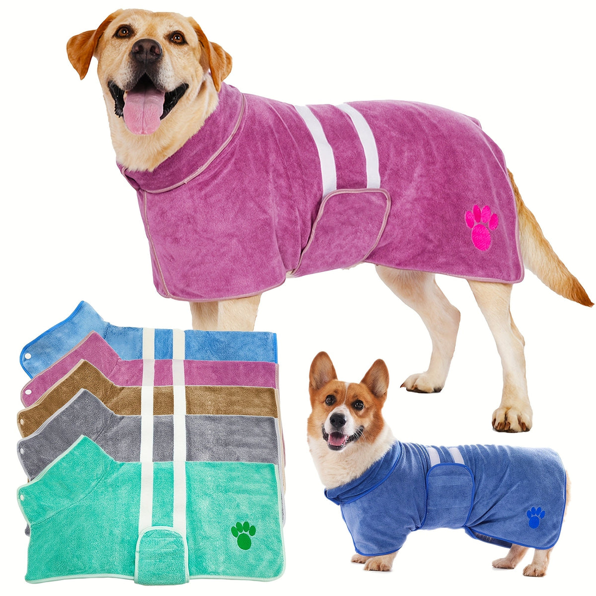 Quick-Dry Pet Bathrobe for Dogs & Cats – Absorbent Microfiber Towel Coat with Embroidered Detail, Hands-Free Drying Robe for Medium & Large Dogs After Bath, Swimming & Rain