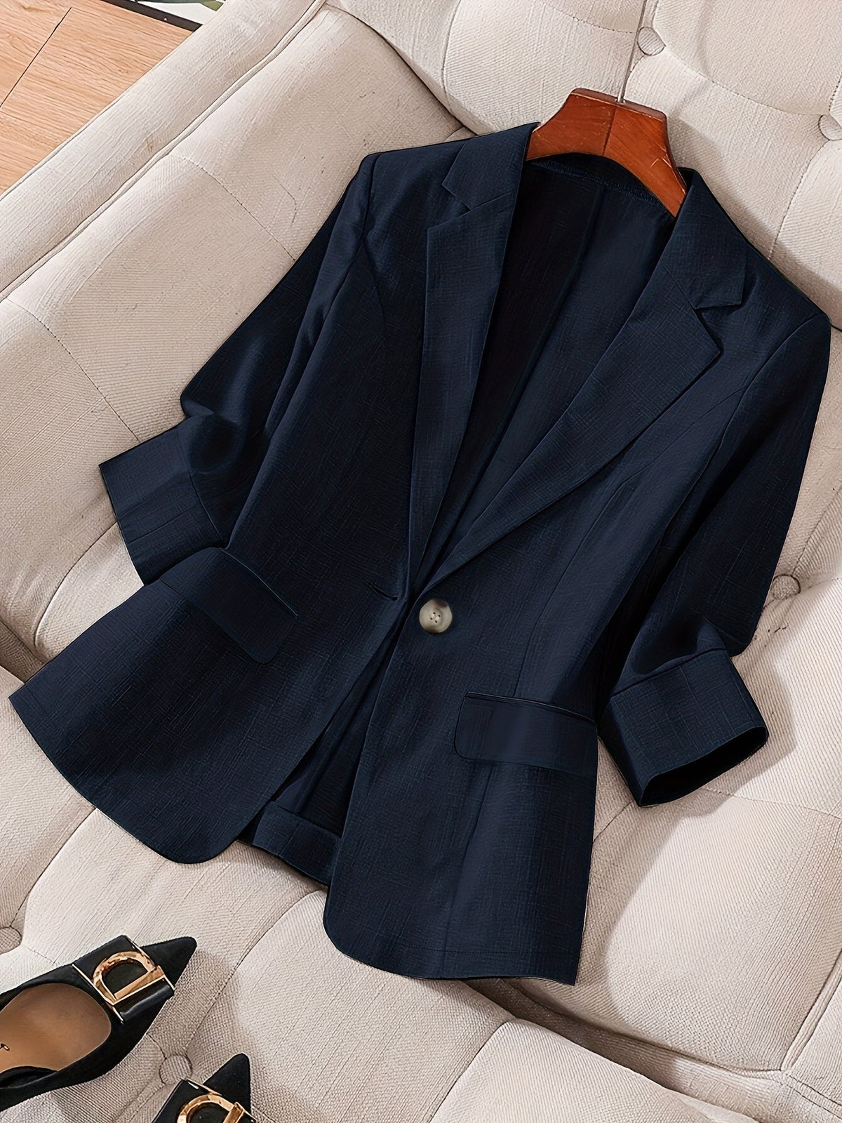 Women's Elegant Blazer Jacket 3/4 Sleeve Loose Fit Office Work Blazer Apricot Black Navy Olive Violet S M L XL XXL