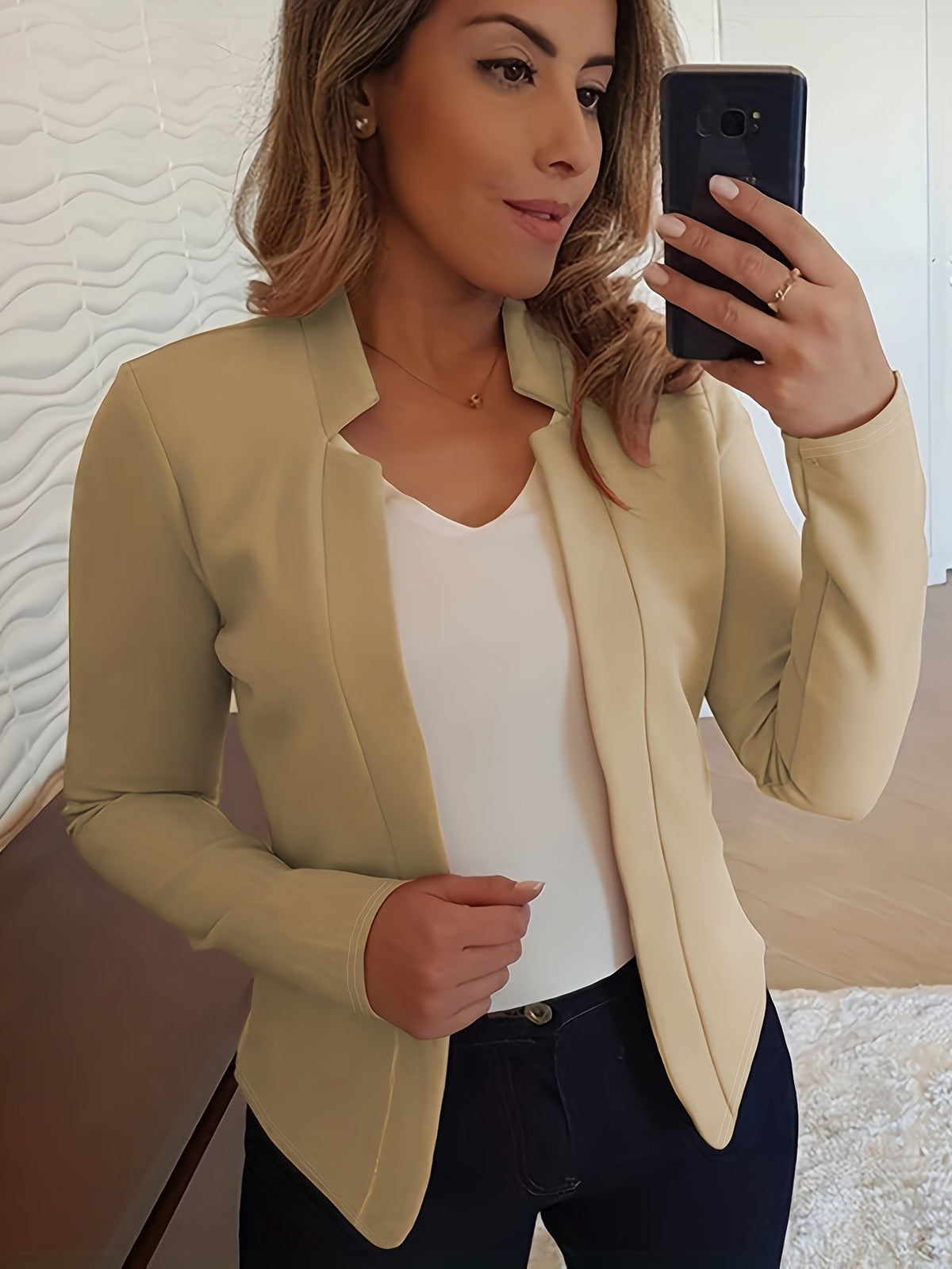 Women's Open Front Blazer Jacket – Loose Fit Notch Lapel Long Sleeve Knit Stretch Casual Chic Blazer with Chest Pocket for Work Office