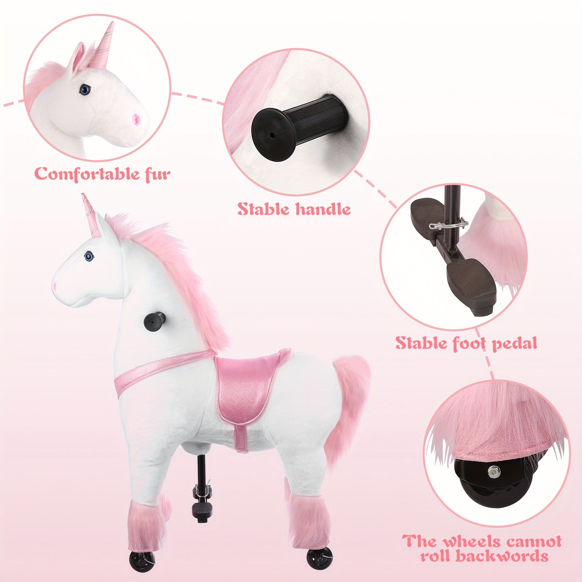 Kids Ride On Unicorn Horse Toy with Wheels Plush Walking Animal No Battery Required Size S and M for Ages 3 to 9 Pink Unicorn White Unicorn Birthday Christmas Gift for Boys Girls