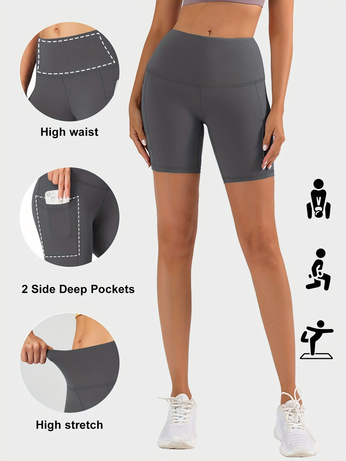 Women's High Waist Yoga Shorts – 4-Way Stretch Sweat-Wicking Athletic Shorts with Elastic Waistband & Side Pockets for Running, Cycling & Training – Black, Dark Gray & Navy, Sizes S-XXL