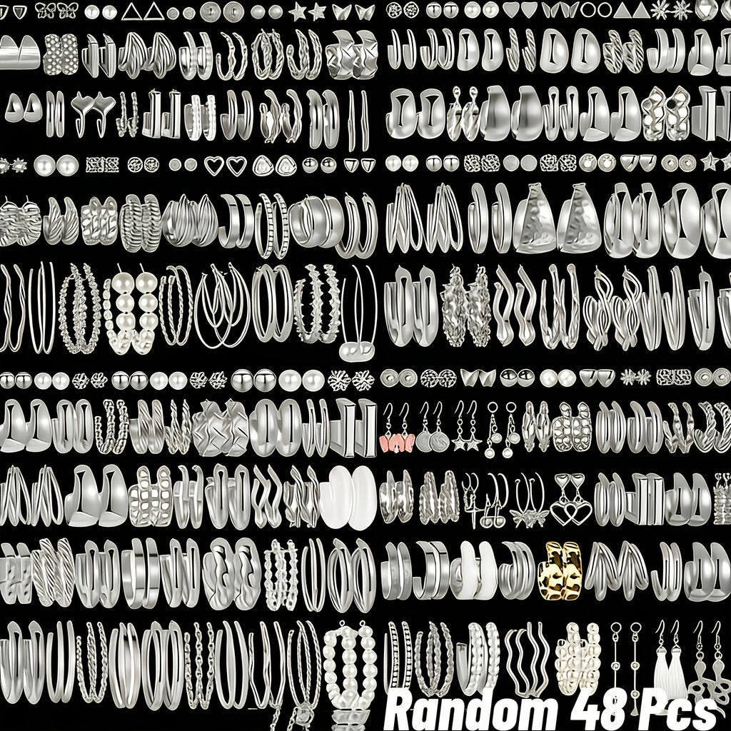 48 Pairs Minimalist Alloy Earrings Bulk Set for Women – Hypoallergenic Stainless Steel Studs Assorted Styles for Daily Wear, Holidays, Parties & Gifts