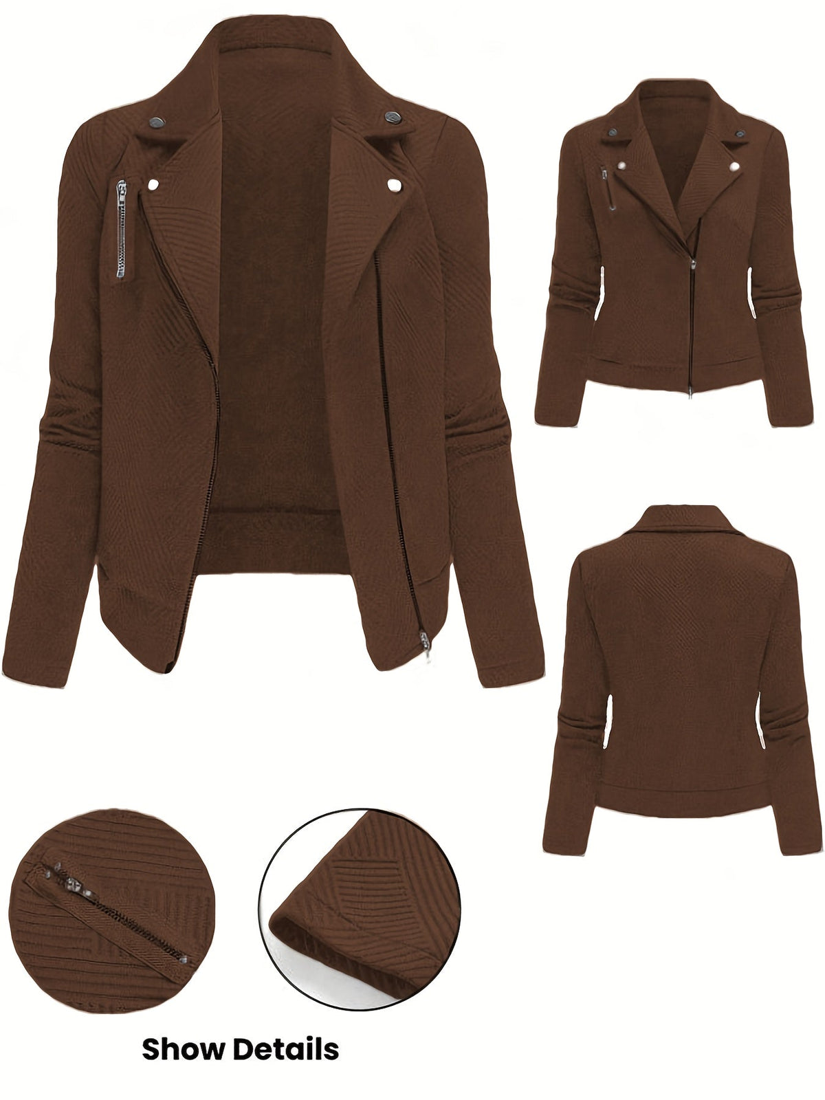 Women's Solid Color Biker Jacket Zipper Button Maze Grid Moto Coat - Stylish Casual Outerwear for Fall Winter Daily Commute Streetwear Top