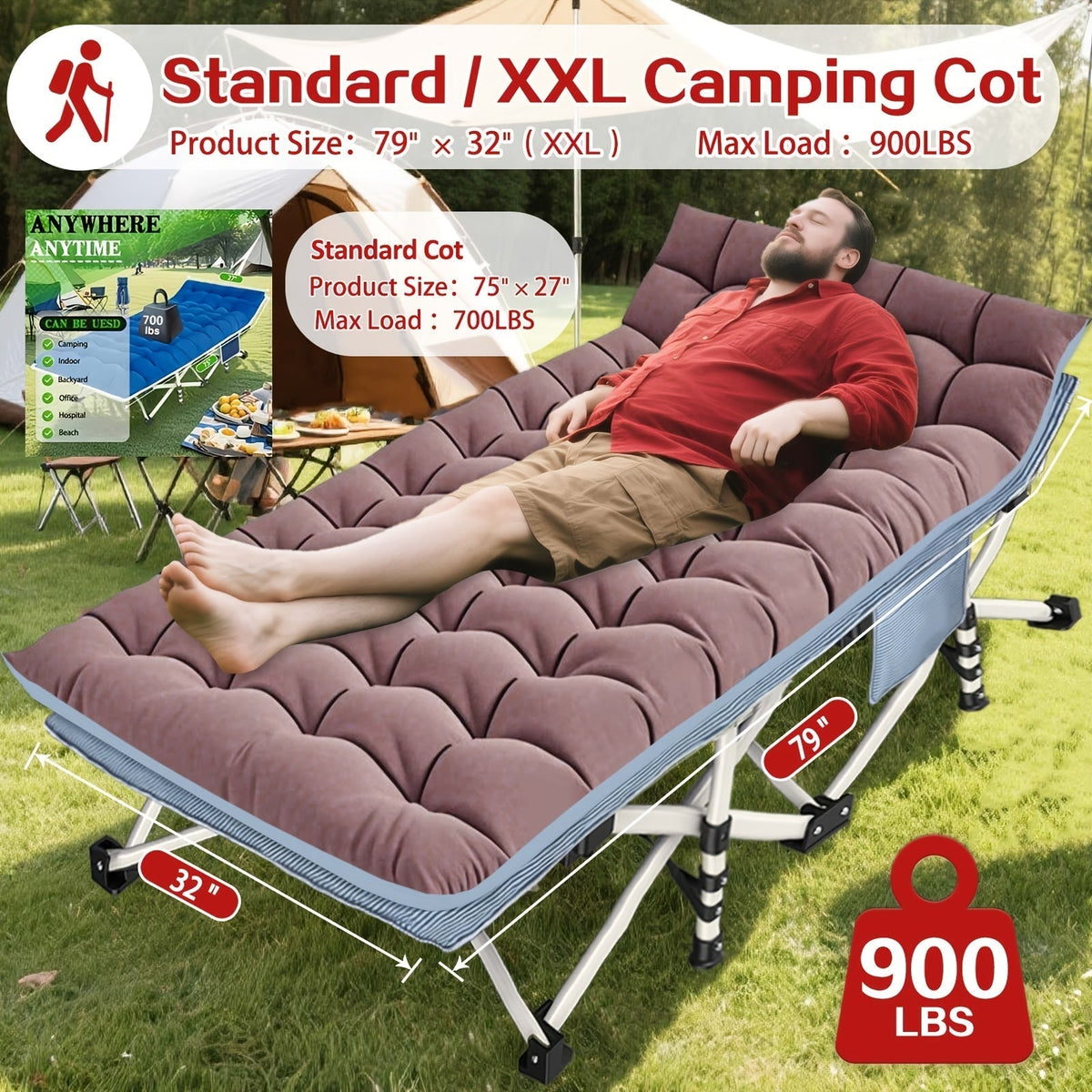 XXL Folding Camping Cot with Mattress Pad 36"x80" Heavy Duty 700-900 Lbs Capacity - Oversize Portable Sleeping Cot with Carry Bag for Camping, Guest Bed, Travel & Outdoor Use