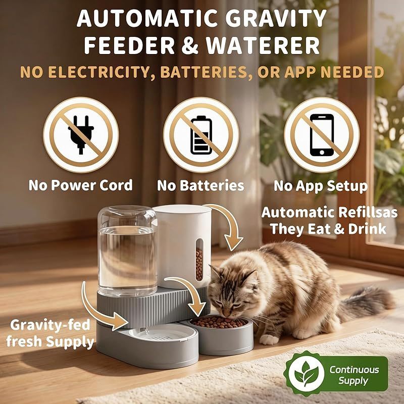 Gravity Cat Feeder 2 Pack - Automatic Food Feeder and Water Dispenser Set with Detachable Pet Bowl & Silicone Mat for Cats Small Medium Dogs Large Capacity Gravity-Fed No Electricity Needed Pet Feeding Station