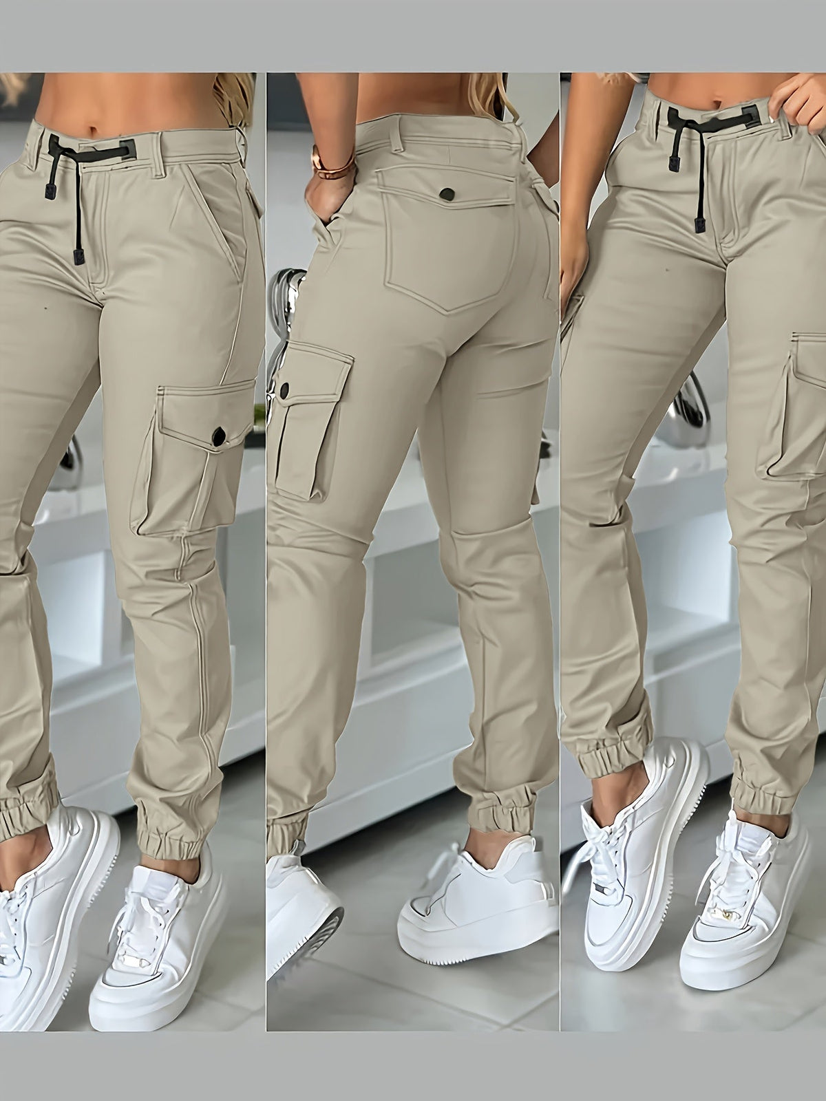 Women's High Waist Cargo Joggers Ankle Pants with Drawstring Pockets Slim Fit Casual Trousers Spring Autumn Black Khaki Grey XS-XL