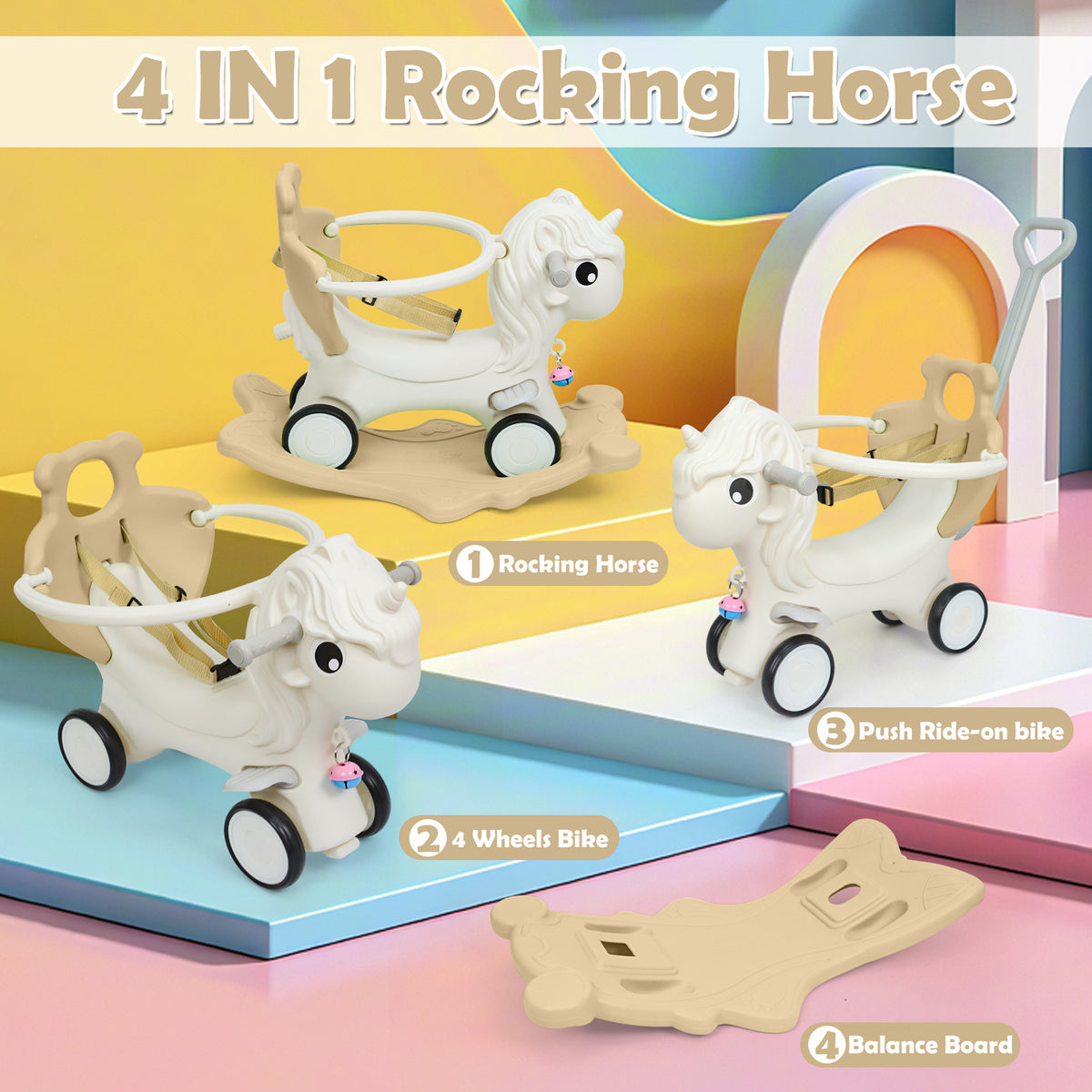 3-in-1 Rocking Horse for Toddlers 12 Months and Up - Balance Bike with Push Handle, Detachable Balance Board, Rocking Toy Ride On for Baby Boys and Girls - Green, Blue, Pink