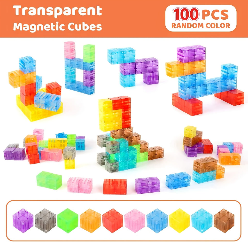 Magnetic Building Blocks 100 Pieces - Transparent Colorful Magnetic Cubes STEM Construction Toy, Creative Stacking Shape Tiles for Kids, Educational Gift for Boys & Girls, Birthday Christmas Halloween