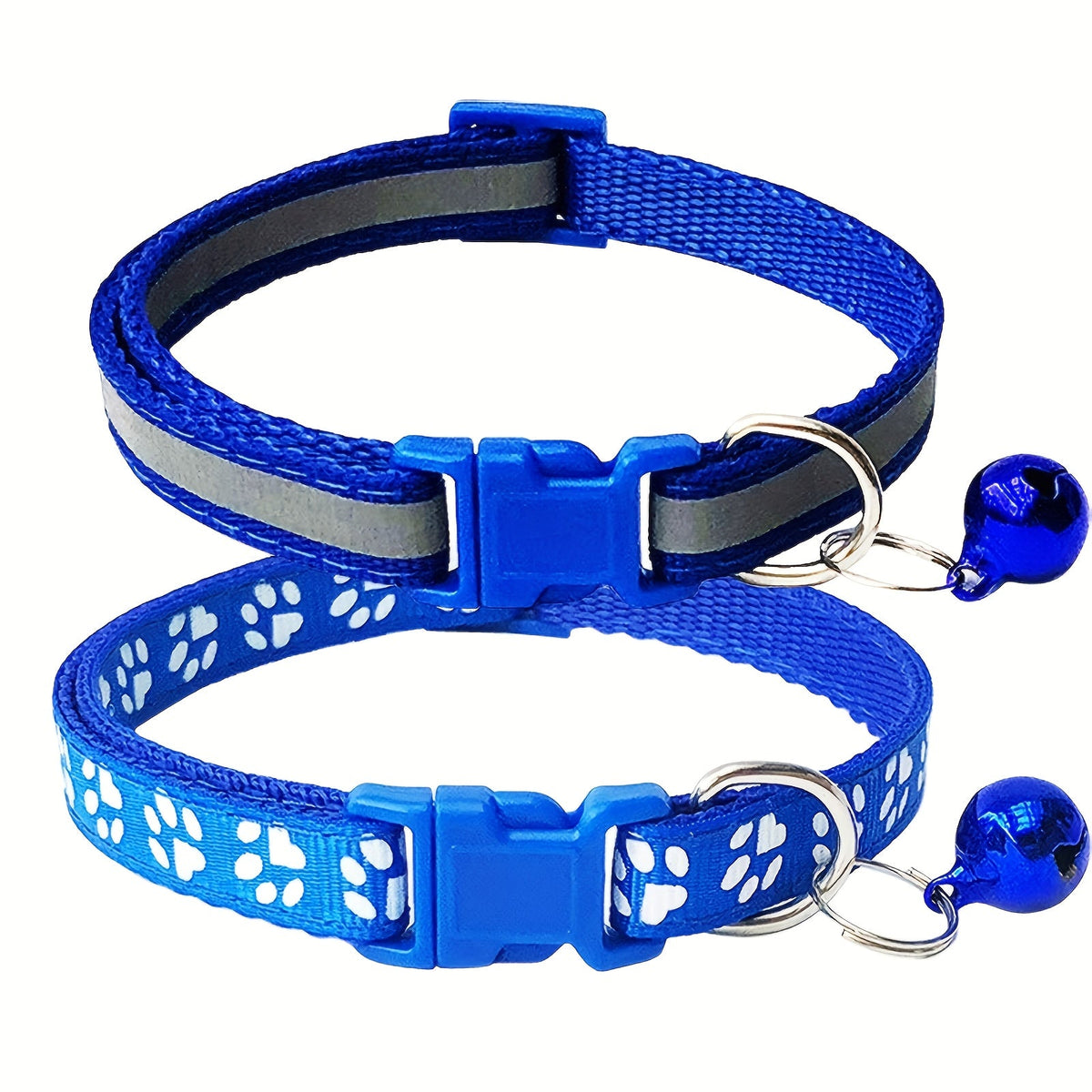 Reflective Pet Collar with Bell 2pcs Set - Adjustable Striped Polyester Cat & Dog Collar with Paw Print Design, Safety Breakaway Buckle, 10 Colors for Small Dogs and Cats, One Size