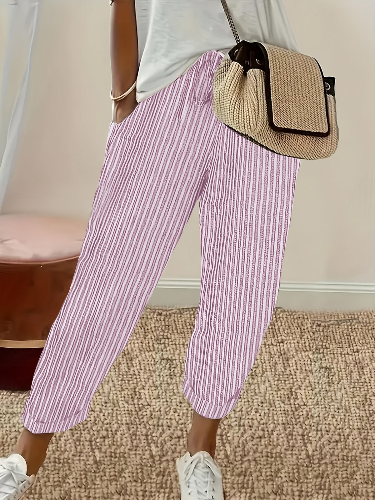 Women's Striped Casual Loose-Fit Ankle Pants - Relaxed Vacation Style Trousers with Pockets, Lightweight Polyester Fabric, Perfect for Summer Travel, Beach Outings & Everyday Wear | S-XXL