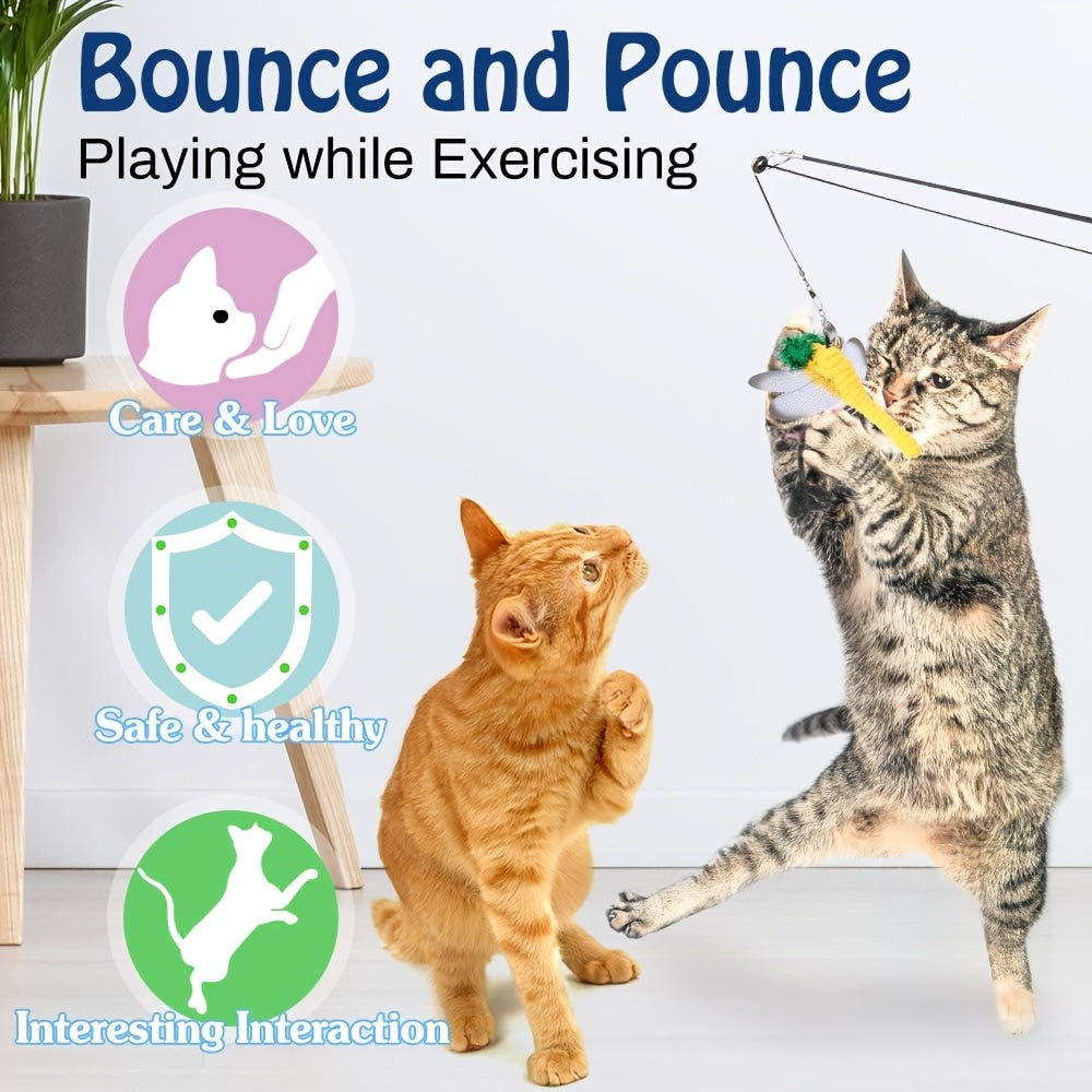 Telescopic Feather Cat Wand Toy with Interchangeable Heads - Artificial Feather Interactive Cat Toy, 3 or 4 Section Extendable Pole with 3/6/9 Random Replacement Heads, No Battery Required