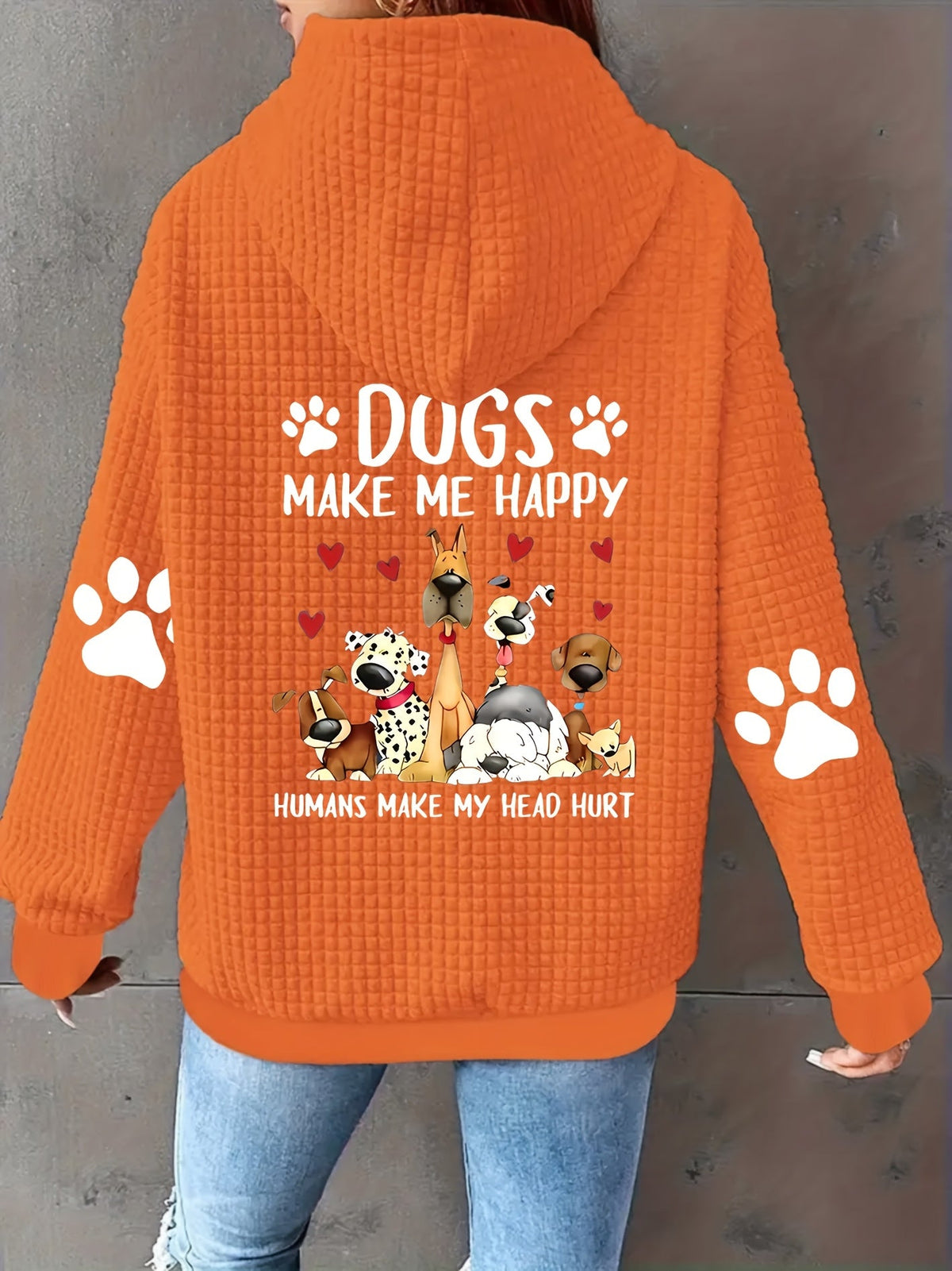 Dog Print Zip Up Hoodie Women Waffle Casual Sweatshirt Drawstring Geometric Pattern – 100% Polyester Machine Washable S-XXL Pink Black Grey Orange-Red