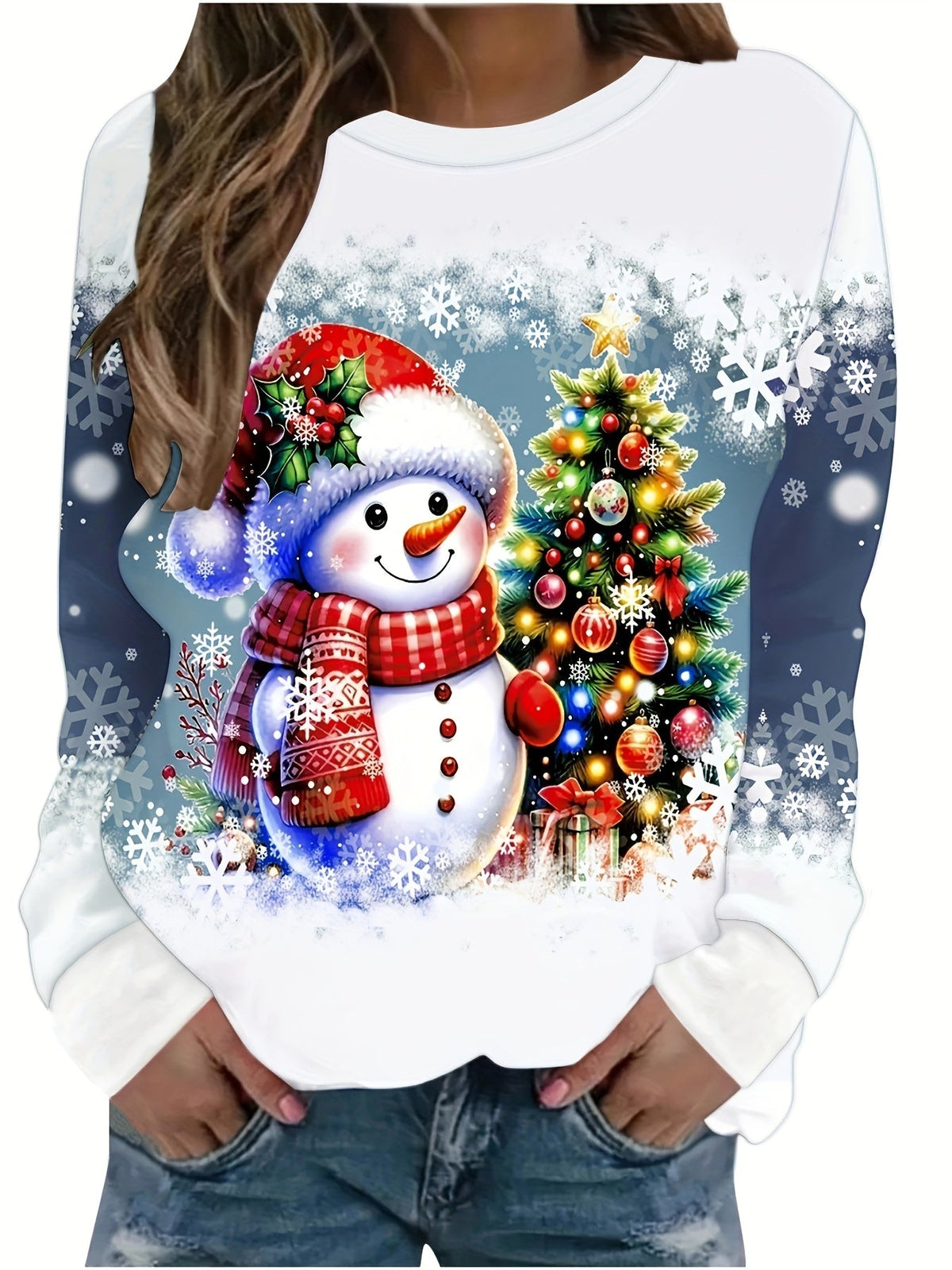Christmas Print Crew Neck Long Sleeve Loose Pullover Sweatshirt Women Holiday Festive Casual Tops US Warehouse
