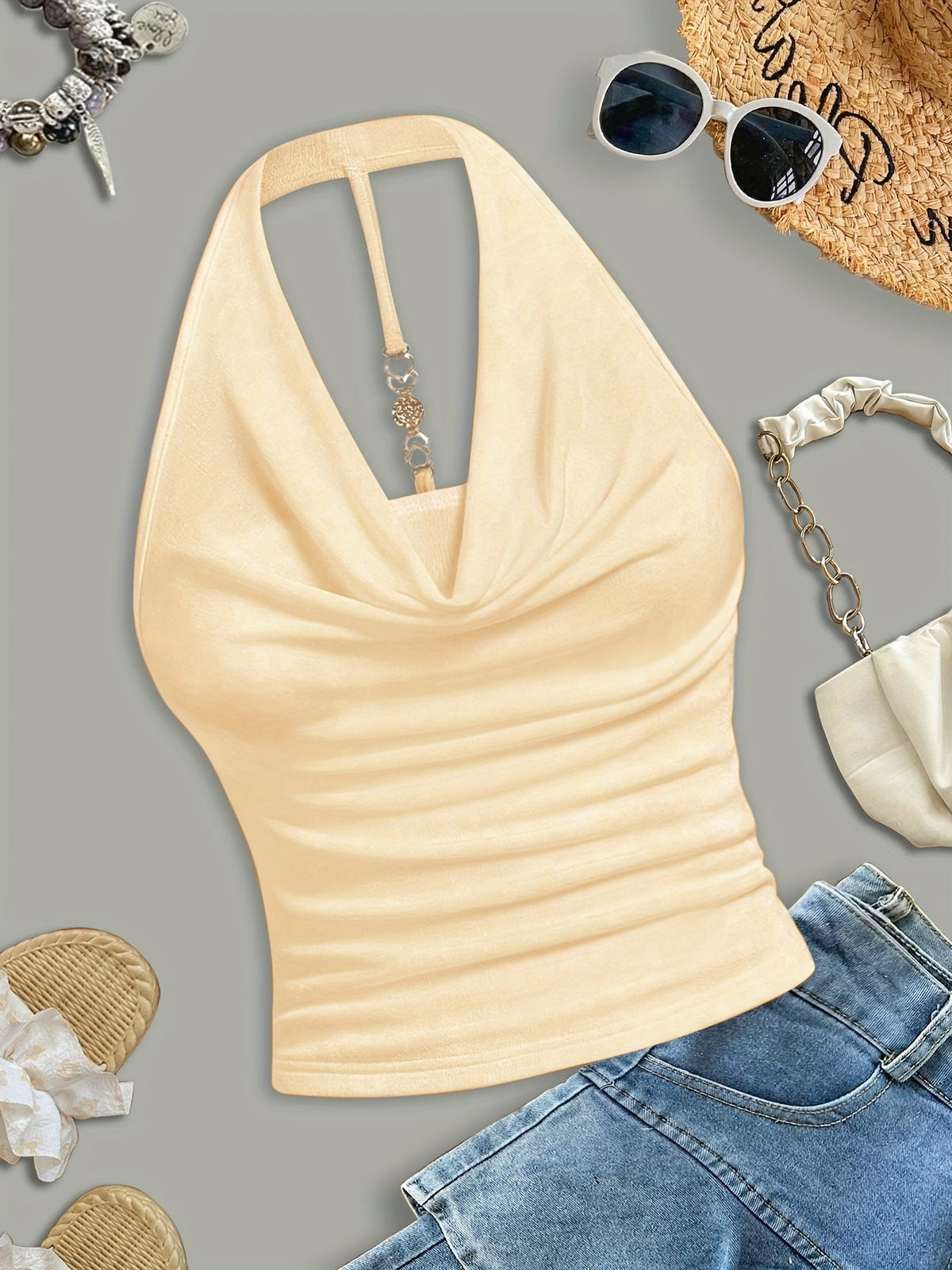 Women's Halter Neck Tank Top Sexy Backless Sleeveless Summer Beach Blouse Solid Color Knit Outerwear Shirt for Going Out - White Khaki Burgundy Pink