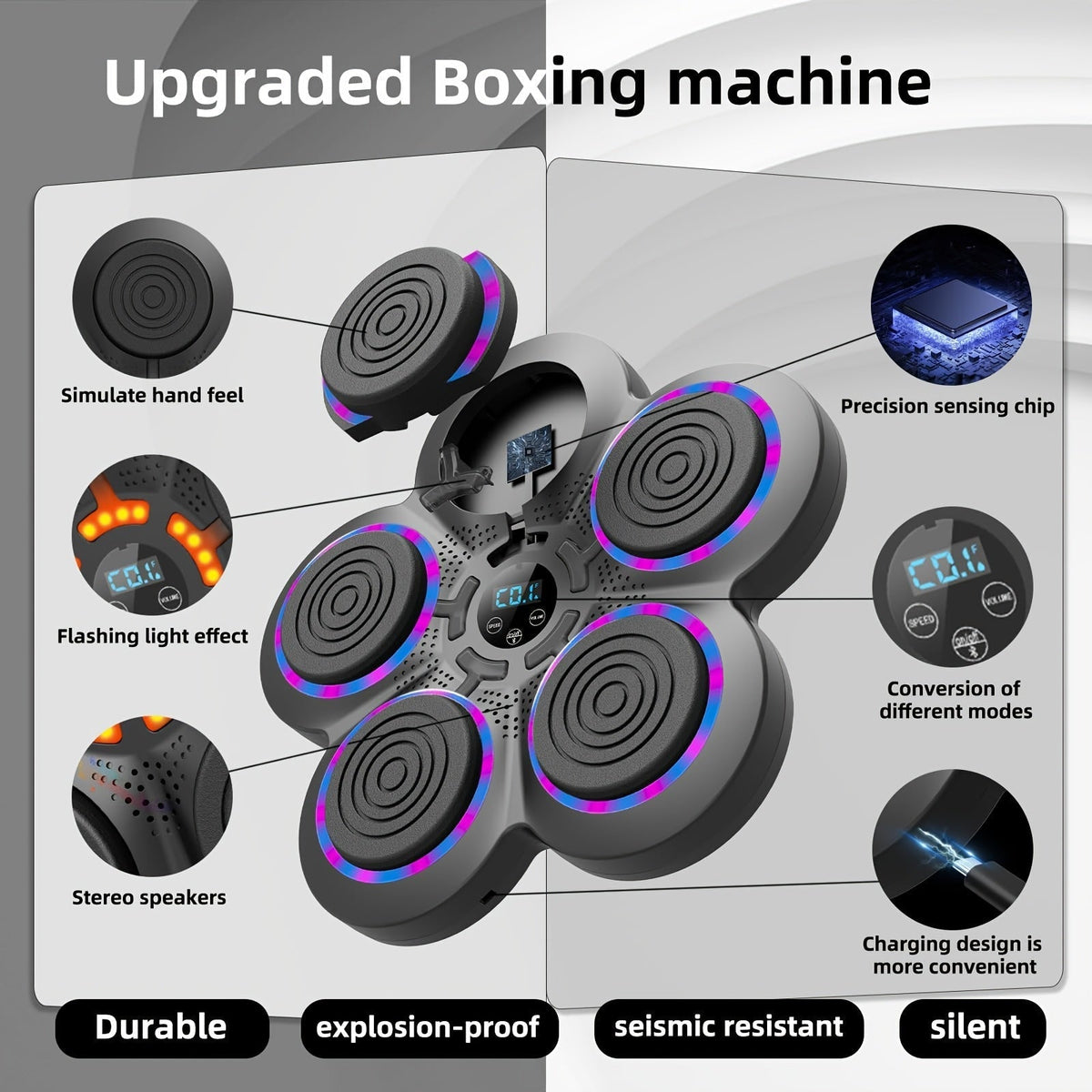 Smart Music Boxing Machine Wall Mounted Wireless Punching Trainer – LED Light Guidance, Bluetooth Speaker, Home Gym Cardio Workout & Stress Relief Reflex Target Pad for Adults and Kids