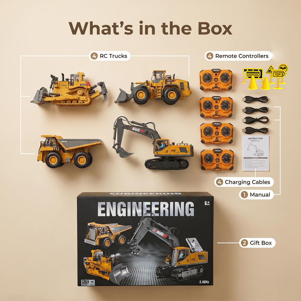 4-in-1 RC Construction Vehicle Gift Set - 2.4G 11-Channel Remote Control Excavator, Dump Truck & Bulldozer, Alloy & Plastic Engineering Toy Cars for Kids, Boys & Beginners